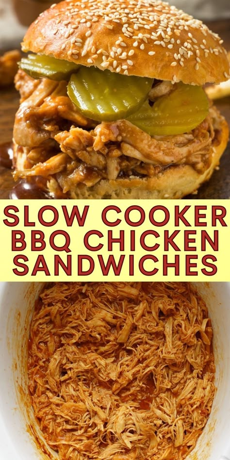 Get ready for a flavor-packed yet simple meak with our Slow Cooker BBQ Chicken Sandwiches! Tender, juicy chicken, bathed in luscious BBQ sauce, ready to fill your buns with deliciousness. Crockpot pulled chicken is perfect for game day, potlucks, or a cozy meal at home. Pin it now and treat your taste buds #SlowCookerRecipes #BBQChickenSandwich #crockpotchicken Crock Pot Pulled Chicken Bbq, Crockpot Chicken Sandwiches, Crockpot Bbq Pulled Chicken, Slow Cooker Bbq Pulled Chicken, Pulled Chicken Crock Pot Recipes, Slow Cooker Pulled Chicken, Bbq Chicken Sandwich Recipes, Pulled Chicken Recipe, Crockpot Pulled Chicken