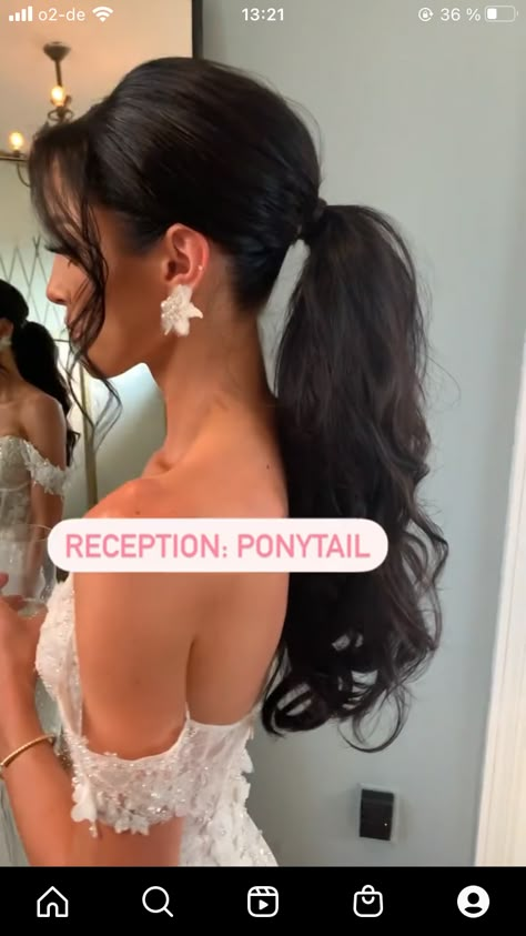 Effortless Sophistication: Wedding Ponytail Hairstyles with Bangs Long Curly Ponytail Wedding, Hairstyles For Long Hair Backless Dress, Rehearsal Dinner Hair For Bride Ponytail, Wedding High Ponytail Hairstyles With Veil, Tousled Ponytail Wedding, Mid Ponytail Hairstyles Wedding, Wedding Reception Ponytail, Black Tie Ball Hairstyles, Bridal Ponytail Hairstyles Front View