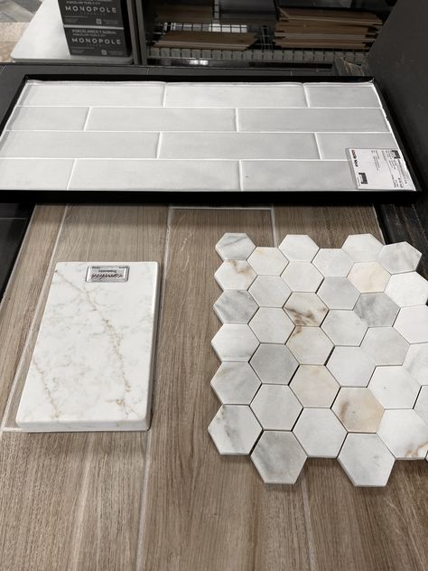 Timeless Bathroom Shower Tile Ideas, Bathroom Tile Mood Board, Floor And Wall Tile Combinations Bathroom, Primary Bathroom Tile, Modern Farmhouse Bathroom Tile, Bathroom Mood Board Inspiration, Guest Bath Tile, Bathroom Tile Combinations, Shower Tile Combinations