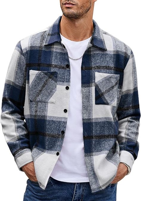 The flannel shirt showcases a classic plaid pattern that exudes timeless appeal. With its front button closure, it offers convenience and ease of wear. The shirt's medium weight provides the perfect balance of warmth and comfort. It is equipped with two chest pockets, allowing for practical storage options. Completing the design is a traditional fold-down collar, which adds a touch of sophistication to the overall look. Mens Fall Outfits, Plaid Print Shirt, Shirt Jacket Men, Leggings Hoodie, Winter Vest, Fall Outfits Men, Mens Flannel, Button Down, Mens Plaid