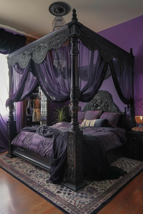 Vampire Bedroom, Modern Victorian Interior Design, Dark Moody Bedroom, Gothic Bedroom Ideas, Modern Victorian Interiors, Moody Bedroom Ideas, Victorian Interior Design, Goth Room, Goth Bedroom