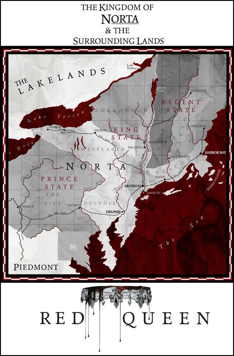 The map of the Kingdom of Norta in Red Queen by Victoria Aveyard - presented by Epic Reads Red Queen Quotes, Red Queen Book, Rise Red As The Dawn, The Red Queen Series, Red Queen Victoria Aveyard, Red Queen Series, Victoria Aveyard, The Red Queen, Queen Aesthetic