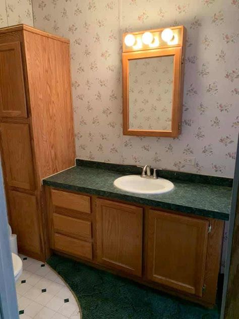 Farmhouse Bathroom Mobile Home, Decorating A Double Wide Home, Remodeling Mobile Homes Bathroom, Double Wide Updates, Remodeling A Trailer Double Wide, Bathroom Ideas Mobile Home, Renovate Double Wide, Mobile Home Bathroom Renovations, Painting Trailer Cabinets Mobile Homes