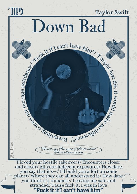 Down Bad- Taylor Swift- TTPD- the tortured poets department- poster- music poster- room poster Down Bad Taylor Swift Aesthetic, Down Bad Taylor Swift Lyrics, The Tortured Poets Department Lyrics Wallpapers, Down Bad Lyrics, Taylor Swift Down Bad, Down Bad Taylor Swift, Taylor Swift Jokes, Song Posters, Posters To Print