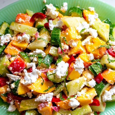 Peach, Cucumber & Melon Salad with Feta Fried Corn Recipes, Bruschetta Pasta, High Potassium Foods, Potassium Foods, Easy Bruschetta, Melon Salad, Halloumi Salad, High Potassium, Watermelon Feta Salad