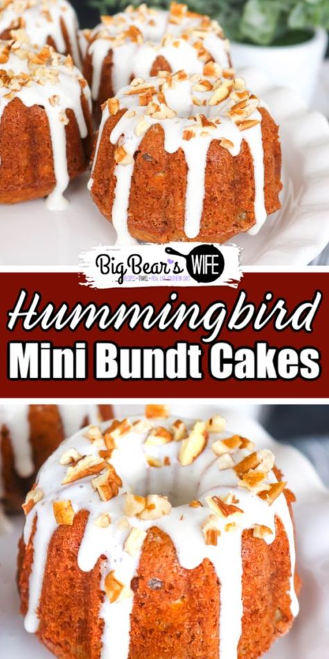 Hummingbird Bundt Cake, Mini Bunt Cake, Mini Bundt Cakes Recipes, Bundt Pan Recipes, Nothing Bundt Cakes, Mini Bundt, Bundt Cake Recipe, Hummingbird Cake, Mini Bundt Cakes