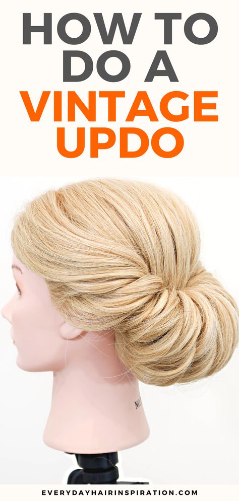 Vintage updo 30s Updo, 1930 Updo, 1950s Updos For Long Hair, Fun Hair Updos Simple, 1940 Women Hairstyles, Old Fashioned Updos For Long Hair, Easy French Roll Updo, 1930s Updo Hairstyles, Easy 1940s Hairstyles For Long Hair