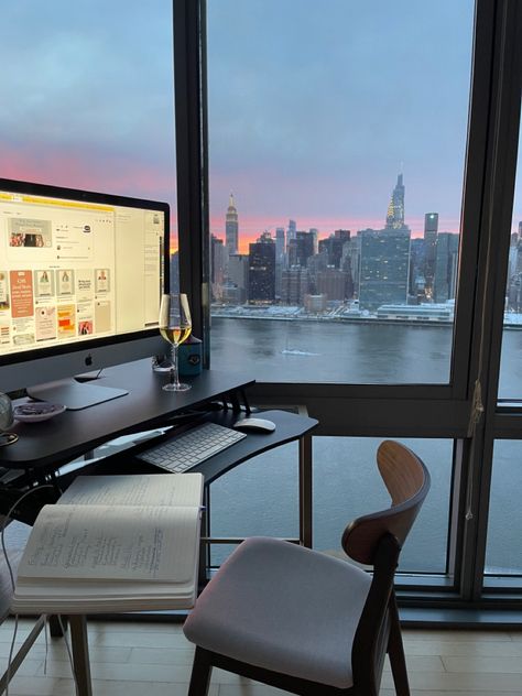 Amazing New York City views from my home office space Office In New York Aesthetic, Nyc Home Office, Working In Nyc Aesthetic, Working In New York City Aesthetic, Nyc Office Building, Nyc Office Aesthetic, Working In Nyc, Working Office Aesthetic, New York Office Aesthetic