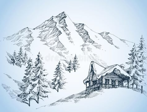 Nature In The Mountains Sketch Stock Vector - Illustration of house, environment: 79258852 Easy Pencil Drawings, Mountain Sketch, Cabin Winter, Sketch Poster, Landscape Pencil Drawings, Old Cabin, Mountain Drawing, Nature Art Drawings, Landscape Horizontal