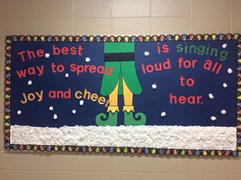 Elf bulletin board Elf Bulletin Board Ideas For School, Theatre Bulletin Board Ideas, Christmas Music Bulletin Boards, Elf Bulletin Board Ideas, Chorus Bulletin Boards, Buddy The Elf Bulletin Board, Buddy The Elf School Hallway, Music Christmas Bulletin Board, Elf Movie Bulletin Board