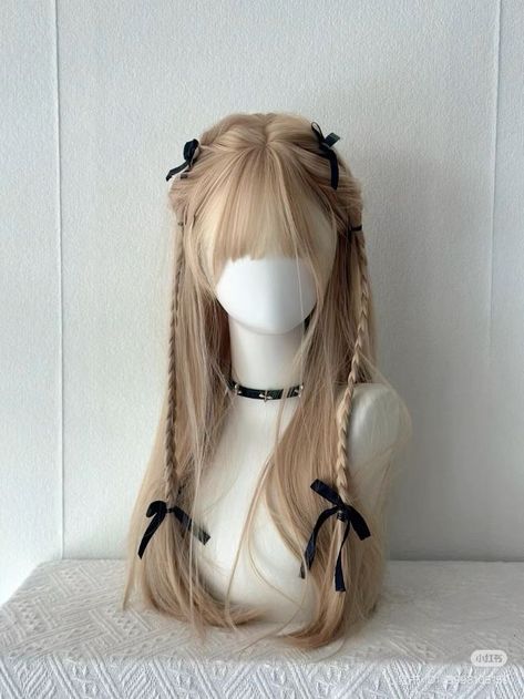 Hair Bows Hairstyles, Long Hair With Ribbon Hairstyles, Hairstyles For Angel Costume, Blonde Hair Accessories, Aesthetic Hair With Bangs, Cool Hairstyles To Try, Two Buns Long Hair, Updo Hairstyles Fancy, Pretty Wig Hairstyles