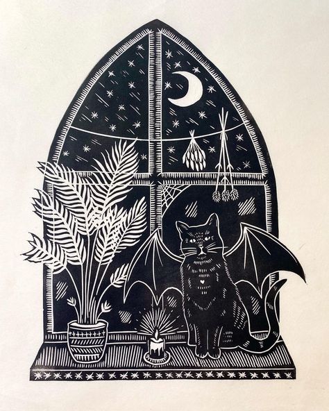 Witchy Lino Print, Black Cat Linocut, Fall Linocut, Cat Linocut, Window At Night, Halloween Pottery, Lino Design, Hanji Paper, Witch's Familiar