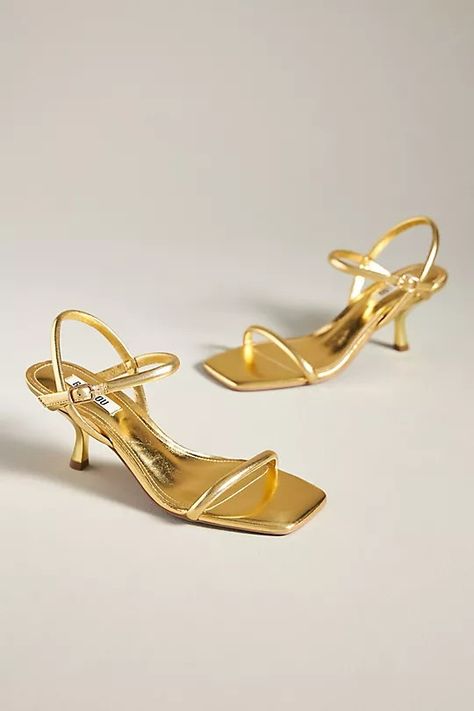 Bibi Lou Simple Strappy Kitten Heels | Anthropologie Low Gold Heels, Gold Low Heels, Strappy Kitten Heels, Gold Kitten Heels, Zara Gold, Prom Heels, Kitten Heel Sandals, Golden Birthday, Senior Prom