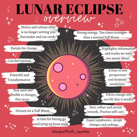 A Lunar Eclipse occurs when the Moon moves into Earths shadow blocking the sunlight falling on the Moon, making it appear slightly orange/red. Lunar Eclipses are ten times stronger than a normal Full Moon. As the Eclipse occurs when the Moon is full, it supercharges this lunations focus of releasing. This is a great time to practice clearing, forgiveness, shadow work and other Full Moon rituals such as welcoming in feelings of gratitude. #lunareclipse #astrology Change Is Uncomfortable, Energetic Cords, Eclipse Astrology, Full Moon Eclipse, Full Moon Rituals, Astrology Meaning, Intense Emotions, Moon Journal, Moon Rituals