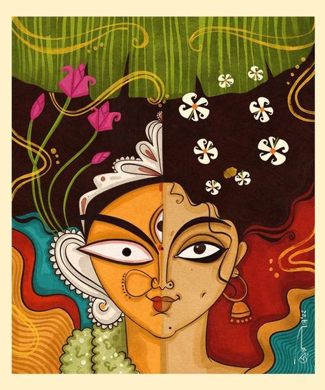 Shakchunni Drawing, Maa Durga Bengali Art, Kolkata Canvas Painting, Shakchunni Art, Shakchunni Art Aesthetic, Durga Abstract Art, Traditional Abstract Art, Joyeeta Joy Art, Indian Paintings Easy