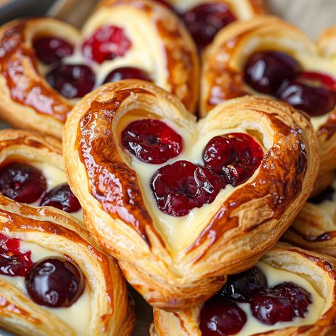 Cherry Cheese Danish Heart Shaped Danish, Cherry Galette Recipe, Cherry Baking Recipes, Devonshire Splits Recipe, Cherry Sweets, Cute Cafe Food, Recipe With Cherries, Danish Coffee Cake, Cherry Cheese Danish