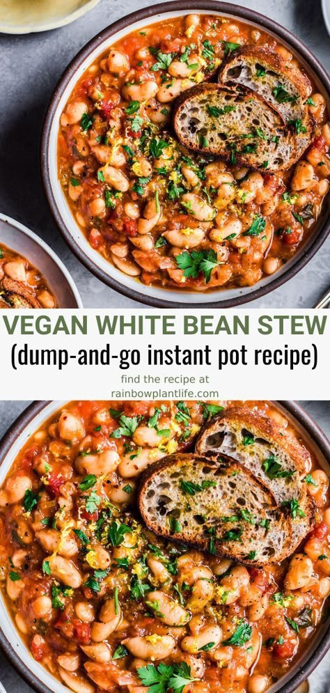 A dump-and-go Instant Pot recipe that couldn’t be simpler! This Instant Pot White Bean Stew is healthy, vegan, gluten-free, nut-free, soy-free and has no added oil. And it comes together with zero hands-on cooking! Vegan Crockpot Meals Easy, Gluten Free Vegan Crockpot Meals, Meat Free Soup Recipes, Vegan Dinner One Pot, Vegan Soup Recipes Instant Pot, Instapot Beans Recipe, Easy Vegan Bean Recipes, Easy Vegan Gluten Free Meals, Vegan And Gluten Free Recipes Dinner