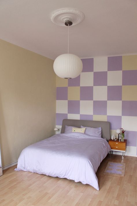 Lilac yellow bedroom decor from https://instagram.com/saraheartmann?igshid=YmMyMTA2M2Y= Checkered Bedroom Aesthetic, Checkerboard Wall Bedroom, Room Ideas Aesthetic Lilac Walls, Danish Pastel Wall Mural, Room Painting Bedroom, Purple Checkered Wallpaper Room, Room Paint Designs, Paint My Room, Yellow Bedroom Decor