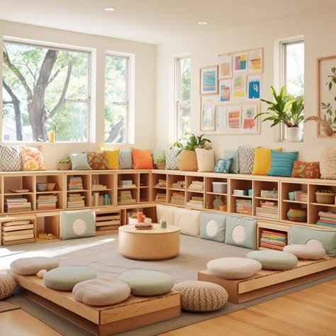 Set up your classroom with natural wood furniture to make a calming environment for children. Rearrange these shelves and panels to fit your space. Montessori Set Up Classroom, Shelves In Classroom, Preschool Set Up Classroom Setup, Childcare Room Ideas Learning Spaces, Preschool Room Layout, Montessori Preschool Classroom, Nursery School Ideas, Kindergarten Classroom Design, Kids Church Rooms