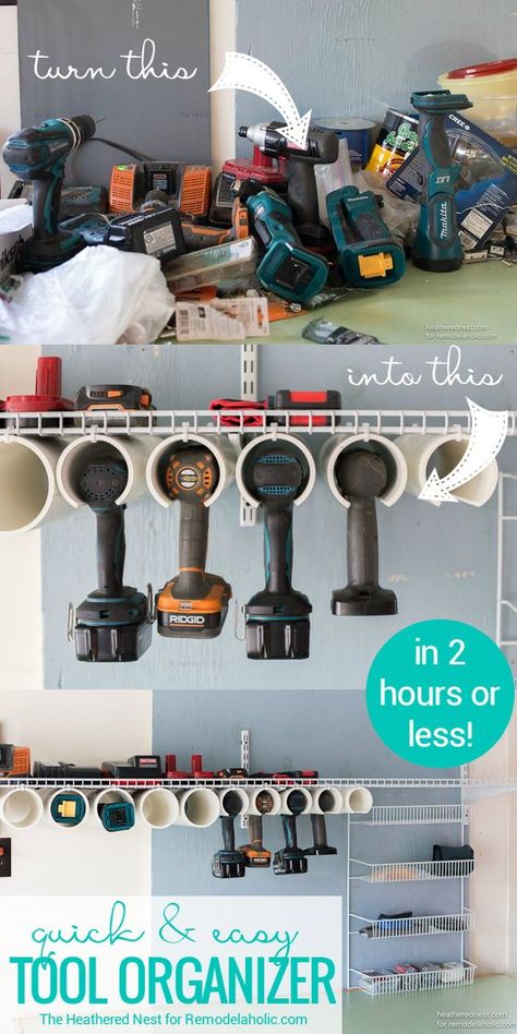 DIY Power Tool Organizer Quick And Easy Tutorial @Remodelaholic Rinnovo Garage, Rifacimento Garage, Officine In Garage, Power Tool Organizer, Garage Organizing, Garage Organisation, Shed Organization, Garage Organize, Garage Remodel