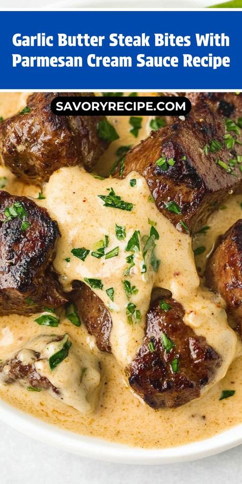 Want to make your steak dinner unforgettable? The Garlic Butter Steak Bites with Parmesan Cream Sauce are a delicious twist that will leave everyone wanting more! Perfectly seasoned and oh-so-satisfying, this dish is a must-try. Pin it now for your next incredible steak dinner idea! Steak Bites Over Mashed Potatoes, Garlic Cream Sauce For Steak, Steak With Garlic Cream Sauce, Sauce For Steak Bites, Garlic Butter Steak Bites With Parmesan Cream Sauce, Garlic Butter Steak Bites With Parmesan, Garlic Butter Sauce For Steak, Garlic Butter Steak Sauce, Cream Sauce For Steak