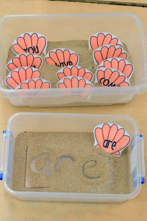 Write words in sand - we dig real shells out of a bucket of sand for graphing and this would be a great LA activity to add to our beach theme! Continuous Provision, Kindergarten Centers, Reading Centers, Teaching Literacy, Math Literacy, E Mc2, Kindergarten Literacy, Word Activities, Tracing Worksheets