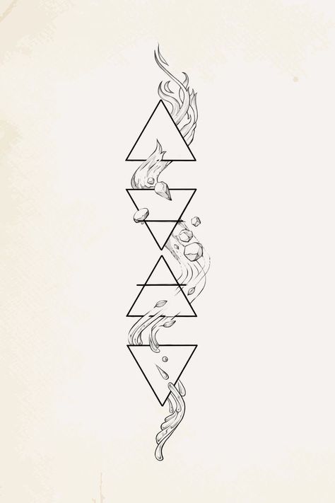 All 4 Elements Tattoo, Elemental Triangles Tattoo, Elements Minimalist Tattoo, The Elements Tattoo Ideas, Elements Triangle Tattoo, Fine Line Elements Tattoo, Elements Geometric Tattoo, Symbols For The Elements, 4 Elements Tattoo Design