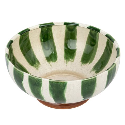 10.5" Round Hand-Painted Stoneware Footed Bowl with Stripes & Reactive Glaze | Michaels Artsy House, Tableware Ideas, Pottery Decoration, Table Making, Glazed Bowl, Green Fruit, Footed Bowl, Mixing Bowls Set, Organic Pattern