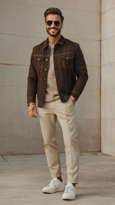 Discover 10 Must-Have Fall Outfits for Style-Savvy Men - Cheerful Talks Outfits With Khaki Pants Men, British Khaki Pants Outfit Men, Mens Clothing Styles Casual Classy, Men’s Thanksgiving Outfits, Beige Sweater Outfit Men, Formal Men Outfit Classy Style, Classy Casual Outfits Men, Mens Sneakers Outfit, Men Winter Outfits Street Style