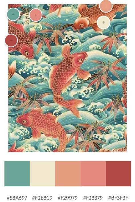 Crazy Rich Asian Color Palette, Koi Pond Color Palette, Japanese Colors Palette, Chinese Color Palette Inspiration, Koi Fish Color Palette, Japanese Art Color Palette, Asian Colour Palette, Koi Color Palette, China Color Palette