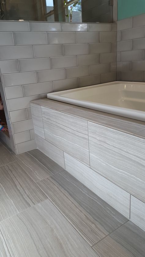 Drop In Tub Surround Tile Master Bath, Peel And Stick Tub Skirt, Master Bathtub Tile Surround, Undermount Tub Surround, Bathroom Remodel With Tub Bathtub Surround Wall Tiles, Tile Tub Skirt, Tub Skirt Ideas, Class Bathroom, Bathtub Tile Surround