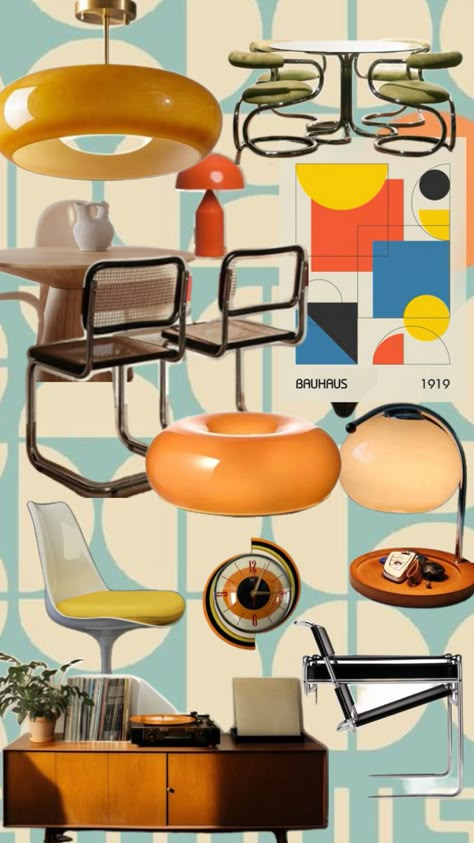 Bauhaus 🛋️🟠 Retro Pop Interior, Bauhaus Room Design, Bau Haus Interior Design, Bauhaus Apartment Interior, Bauhaus Interior Design Living Rooms, Bauhaus Moodboard, Bauhaus Design Interior, Bauhaus Furniture Design, Bauhaus Bedroom