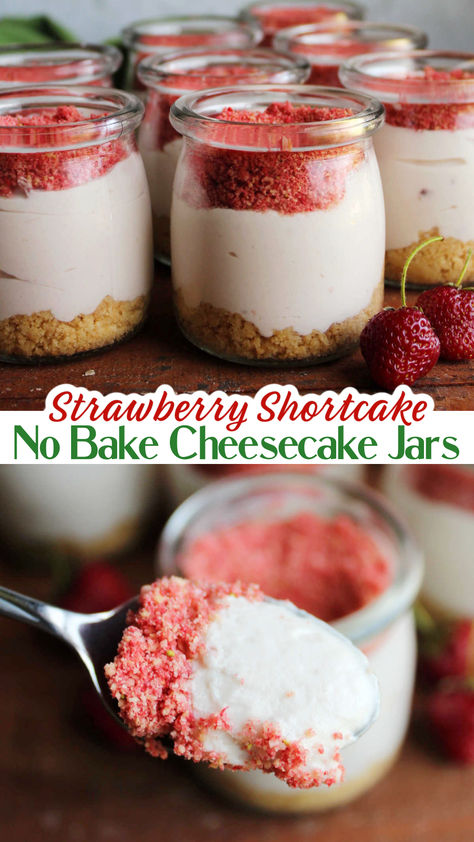 No bake strawberry shortcake cheesecake jars feature a layer of vanilla cookie crumb crust, fluffy strawberry cheesecake filling, and a yummy strawberry crumb topping. They are a fun, portable, single serve dessert. They are perfect for spring and summer parties. This is a recipe you are going to want to come back to over and over again. Strawberry Shortcake No Bake, No Bake Strawberry Crunch Cheesecake, No Bake Strawberry Shortcake, Charcuterie Breakfast, Strawberry Cheesecake No Bake, Strawberry Cheesecake Filling, Cookie Crumb Crust, Strawberry Crunch Cheesecake, Cheesecake Jars