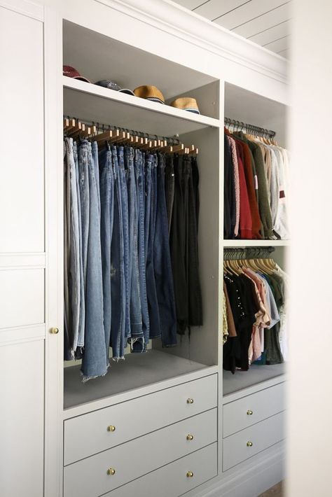 Erin Kestenbaum Closet, Pax Small Walk In Closet, Ikea Pax Around Window, Walk Through Dressing Room, Pax Layout Ideas, Chris Loves Julia Closet, Closet Design With Dresser, Pax Open Wardrobe Ideas, Walk In Closet Laundry Basket