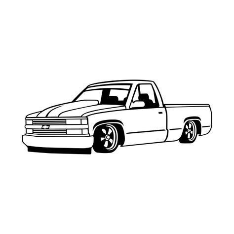 Chevy Truck Outline, Chevy Trucks Drawings, Low Rider Truck Drawing, Dropped Trucks Drawings, Truck Cartoon Drawings, Square Body Chevy Drawing, Simple Truck Tattoo, Truck Outline Tattoo, Truck Drawings Easy