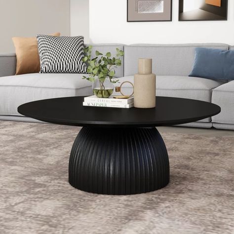 Latitude Run® Black Round Coffee Table - Wayfair Canada Round Black Coffee Table, Round Coffee Table Styling, House Moodboard, Black Coffee Table, Coffee Table Black, Round Wood Coffee Table, Solid Coffee Table, Drum Table, Black Coffee Tables