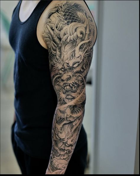 Chinese Dragon Sleeve Tattoo Men, Dragon Sleeve Tattoos Mens Arm, Dragon Quarter Sleeve Tattoo, Dragon And Warrior Tattoo, Fu Dog Sleeve Tattoo, Japanese Theme Sleeve Tattoo, Asian Dragon Tattoo Arm, Dragon Sleeve Tattoo Design, Cody Garbrandt Tattoo