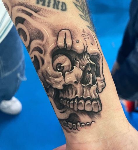 Skull Tattoo Filler Ideas, Rose With Skull Inside Tattoo, Stone Cold Tattoo, Skull Filler Tattoo Ideas, Simple Realism Tattoo, Skull Filler Tattoo, Skull With Bandana Tattoo, Prison Art Tattoo, Chicano Skull Tattoo