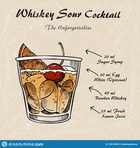 Cocktail Sketch Art, Whiskey Sour Illustration, Whiskey Sour Drawing, Whisky Illustration, Whiskey Sour Cocktail, Cocktails Drawing, Wedding Drink Menu, Whisky Sour, Cocktail Illustration