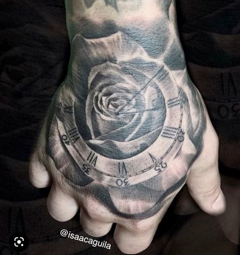 Hand Tattoos Rose, Tattoo Clock, Clock And Rose Tattoo, Tattoo Roses, Left Arm Tattoos, Rose Clock, Rose Hand Tattoo, Clock Tattoo Design, Full Sleeve Tattoo Design