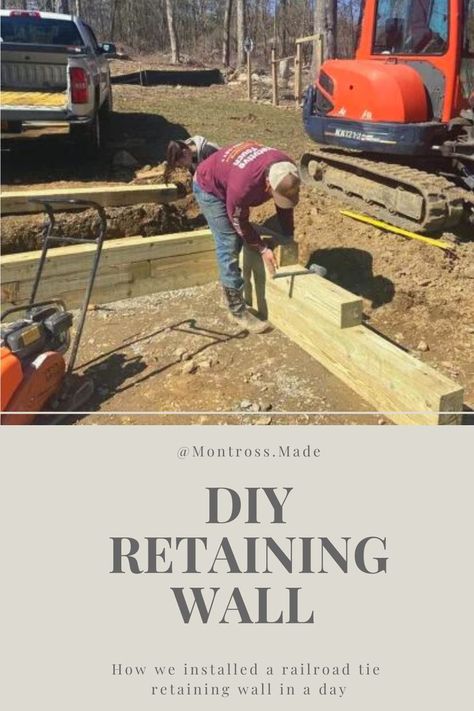 How we built a cheap railroad tie retaining wall in one day Railroad Ties Retaining Wall Ideas, Sloped Yard Landscaping Ideas, Slope Backyard, Sloped Yard Landscaping, Backyard Patio On A Budget, Cheap Retaining Wall, Wooden Retaining Wall, Railroad Tie Retaining Wall, Sloped Wall