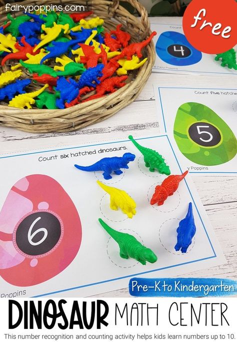 This FREE dinosaur math center helps kids develop counting and number recognition skills. It's fun to use with dinosaur counters. #numberrecognition #counting #dinosaurmath #preschoolmath #prekmath #kindergartenmath #dinosauractivities #numbermathcenter #numbersto10 #dinosaurtheme #mathcenters #handsonmath Dinosaur Counting Preschool, Dinosaur Letter Activities, How Do Dinosaurs Count To Ten Activities, Free Dinosaur Activities Preschool, Dinosaur Centers Preschool, Dinosaur Preschool Theme, Preschool Dinosaur Activities, Dinosaur Counting, Dinosaur Math