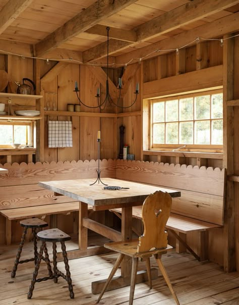 Cabin Dining Room, One Room Cabin, Post And Beam, Cabinet Makers, The Cabin, Breakfast Nook, Built Ins, Wood Paneling, In The Woods