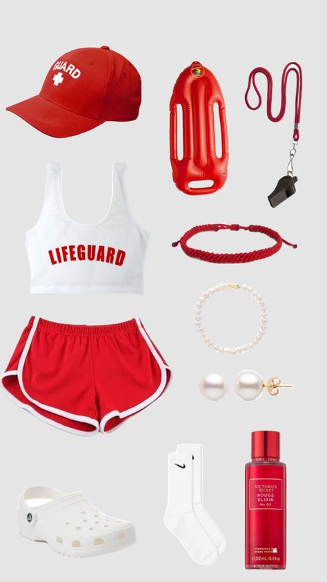 Preppy Lifeguard Costume, Preppy Lifeguard Halloween Costume, Baywatch Party Outfit, Lifeguard Barbie Costume, Life Guards Halloween Costumes, Lifeguards Group Costume, Lifeguard And Shark Costume, Life Guard And Shark Halloween Costume, Life Guard Costume Girl