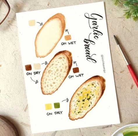 Bread Painting, Watercolor Food Illustration, Beautiful Dawn, Way To Happiness, Food Art Painting, Learn Watercolor Painting, Step By Step Watercolor, Buch Design, Food Sketch