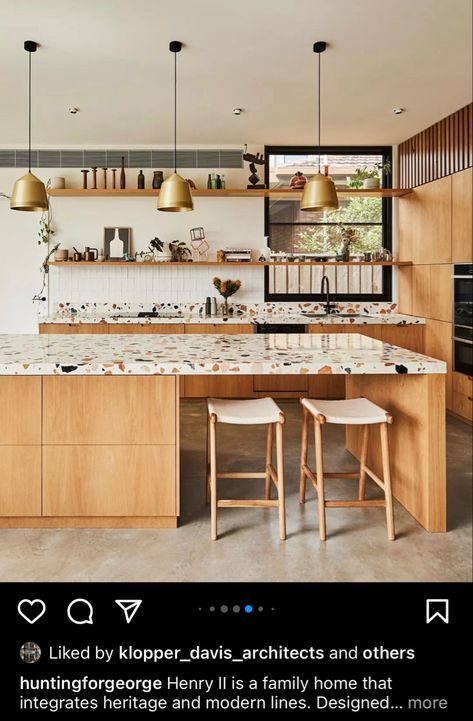 Not the terrazo. But the shape and format of the bench top and leg and base Terrazzo Kitchen Island Bench, Wood And Terrazzo Kitchen, Terrazzo Kitchen Bench, Terrazo Island Kitchen, Kitchen Bench Top Ideas, Terrazo Kitchen Benchtop, Terrazo Kitchen Countertop, Terrazo Kitchen Top, Terrazo Kitchen Counters