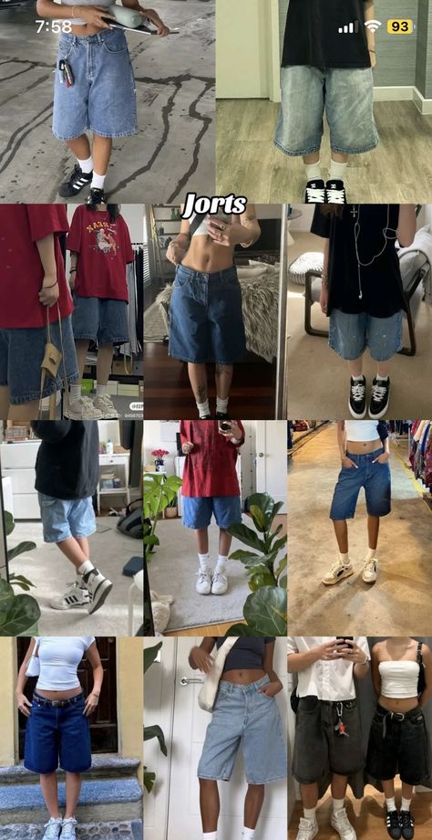 Jorts Outfit Inspo Y2k, Streetwear Outfit Shorts, Light Jorts Outfit, Y2k 90s Outfits, Skater Jorts Outfit, Easy Fit Ideas, How To Style Long Jean Shorts, How To Style Baggy Shorts, Jort Outfit Aesthetic