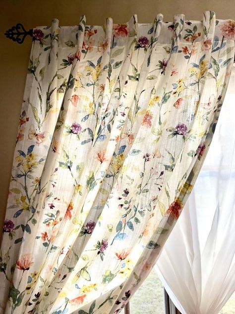 allen + roth 84-in Floral Print Cotton Light Filtering Back Tab Single Curtain Panel in the Curtains & Drapes department at Lowes.com Cottagecore Bedroom Curtains & Drapes, Floral Vintage Curtains, Wildflower Curtains, Cottage Core Curtains, Cottage Curtains Ideas, Vintage Curtains Bedroom, Floral Curtains Bedroom, Cottage Style Curtains, Printed Curtains Bedroom