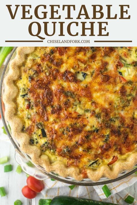 Loaded with a ton of vegetables, cheese, eggs and milk, this veggie quiche is the weekend breakfast everyone will enjoy. #veggiequiche #vegetablequiche #quiche | chiselandfork.com Veggie Quiche Recipes, Budget Groceries, Breakfast Potluck, Brunch Food Ideas, Postpartum Recipes, Egg Bakes, Veggie Quiche, Vegetable Quiche, French Toast Muffins