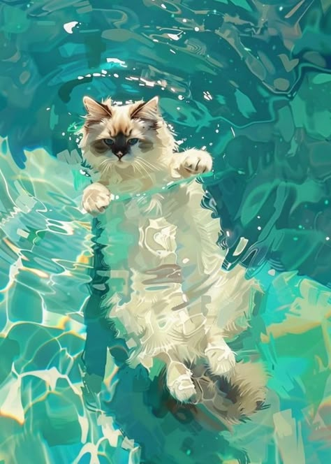 Water Cat Aesthetic, Clear Water Painting, Wallpapers 16:9, Warm Colour Painting, Clear Water Wallpaper, Bright Colours Aesthetic, Cat In Sunlight, Water Top View, Cats In Water